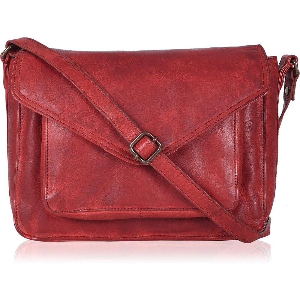 〽️Women Red Wash Leather Flapover Crossbody Handbag Adjustable Strap Tote/Bag